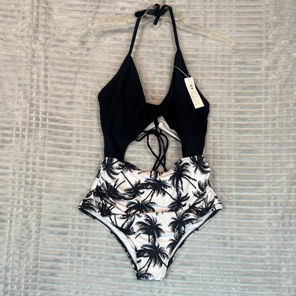 NWT Beachsissi One Piece Floral Bottom Black Top Bikini Women's Sz Large